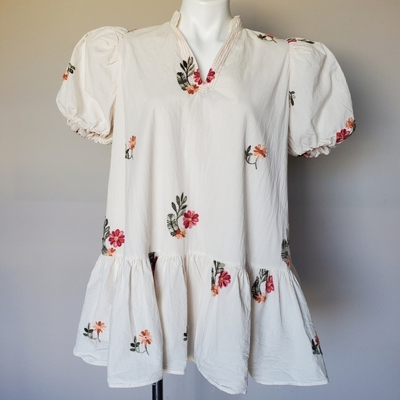 ChouChou Embroidered Cottagecore Grannycore Tunic Top Puff Sleeve Mini Dress - Picture 11 of 11